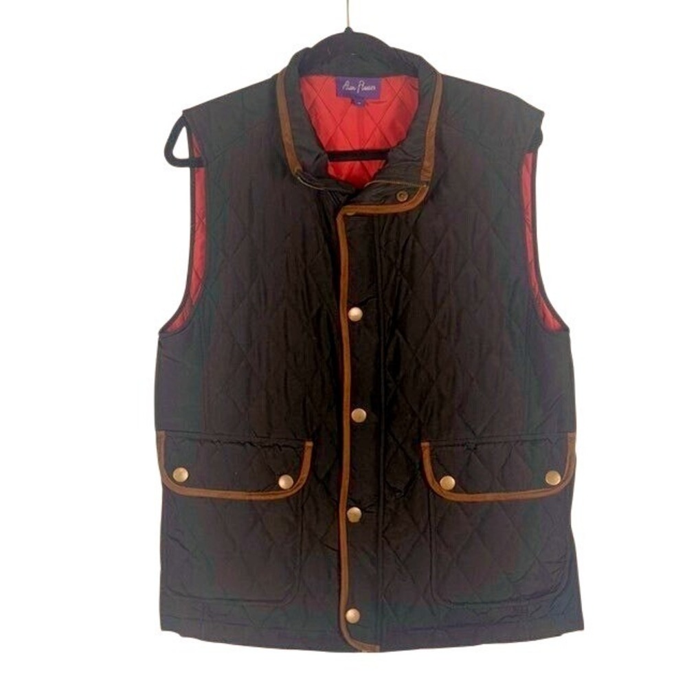 Alan Flusser Mens Quilted Vest Black with Brown Trim Red Lining Size Medium
